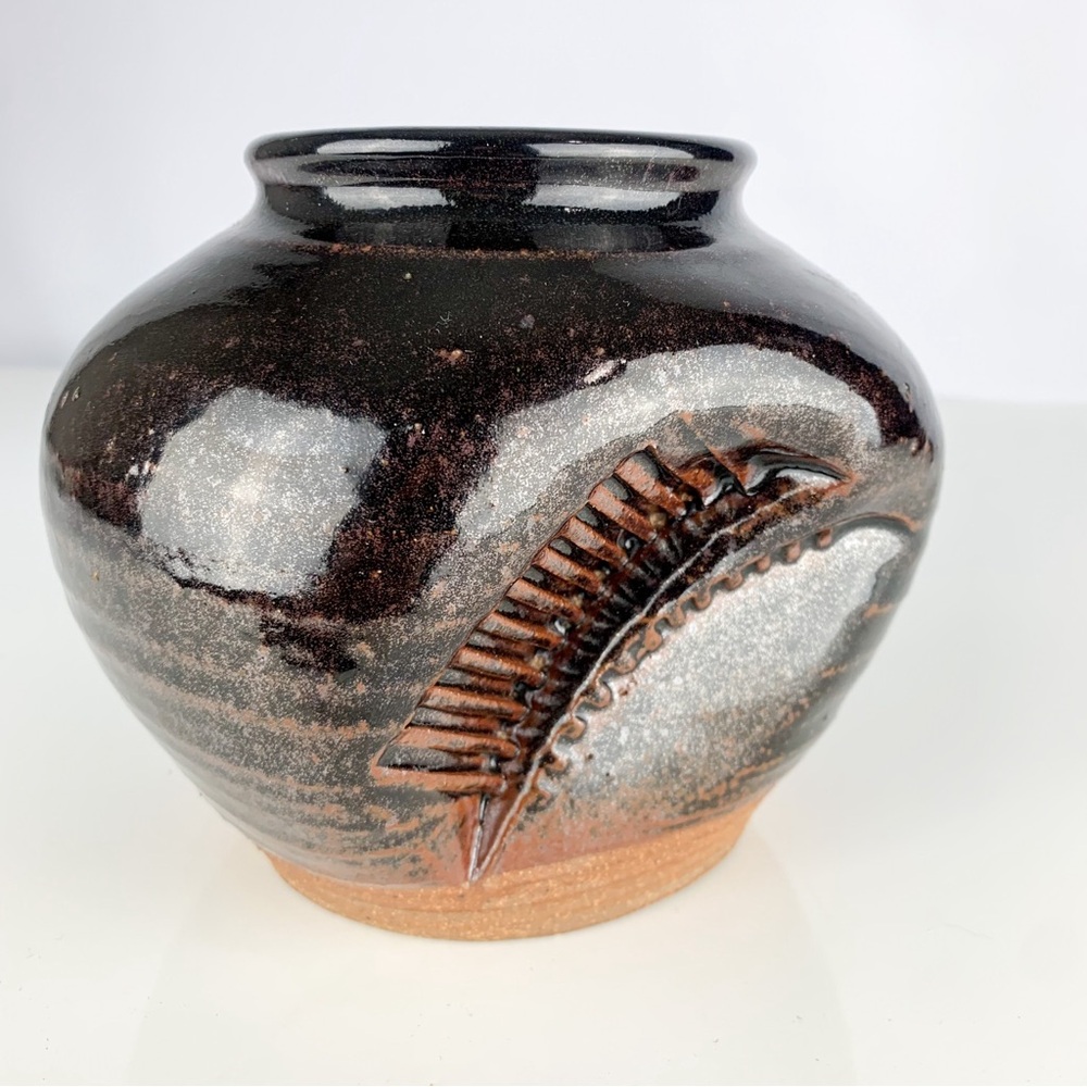Vintage Studio Art Pottery Textured Vase Artist Signed Brown Neutral Earthy Mod